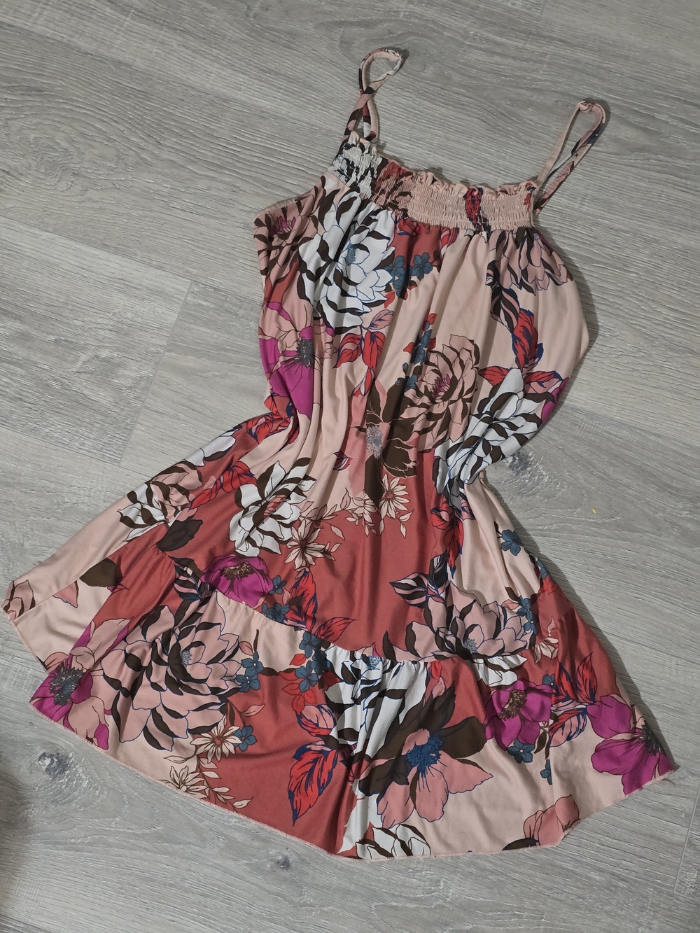 Smocked Floral Midi Dress in Pink & Coral
